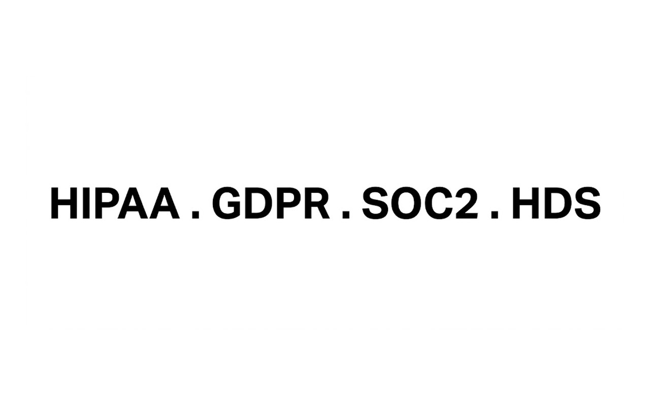 The words HIPAA, GDPR, SOC2 and HDS on a white background