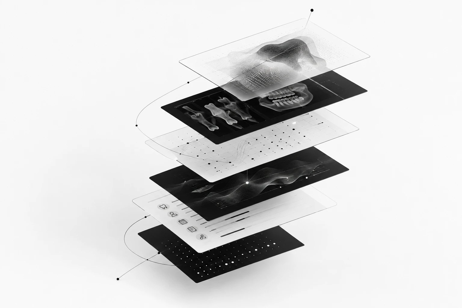 Stacked translucent layers of a dental record: 3D scan, radiographs, charts, signals and patient data